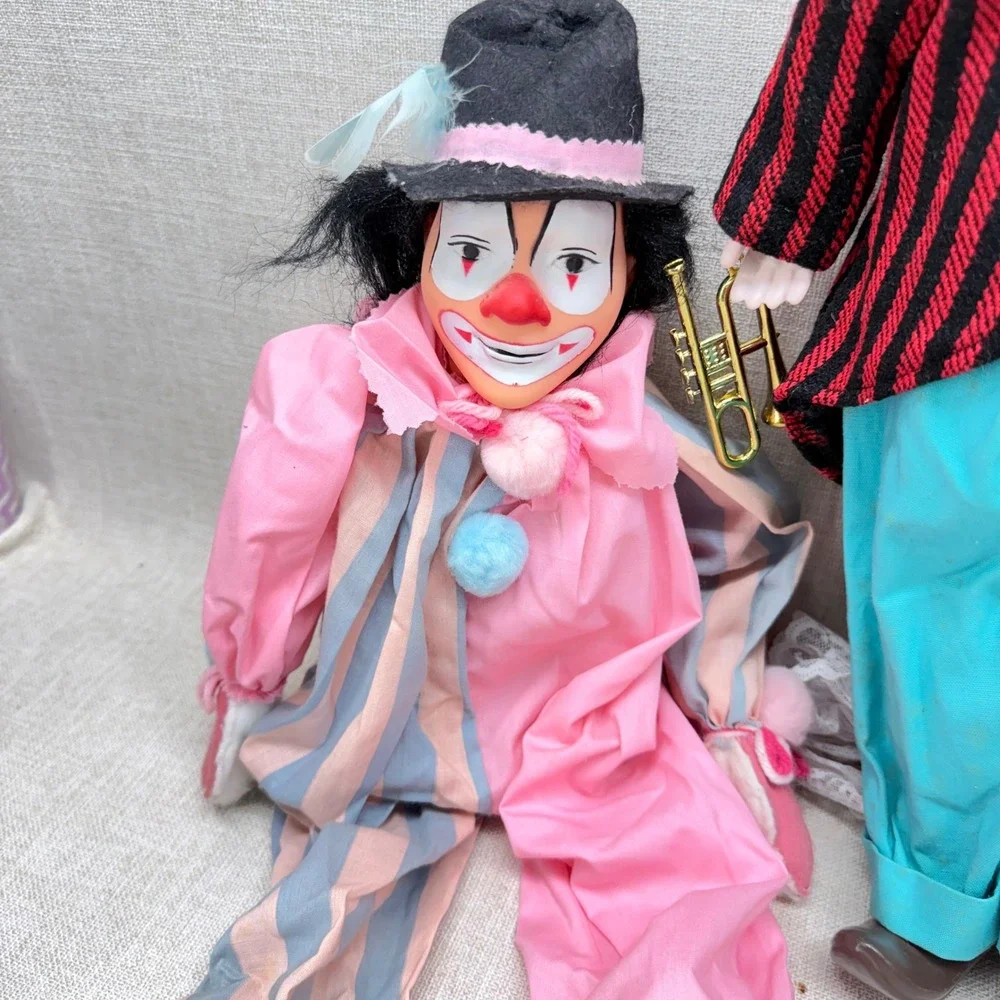 Vintage Clown Doll Lot of 4 Porcelain Ceramic Plastic Circus Decor Mid Century